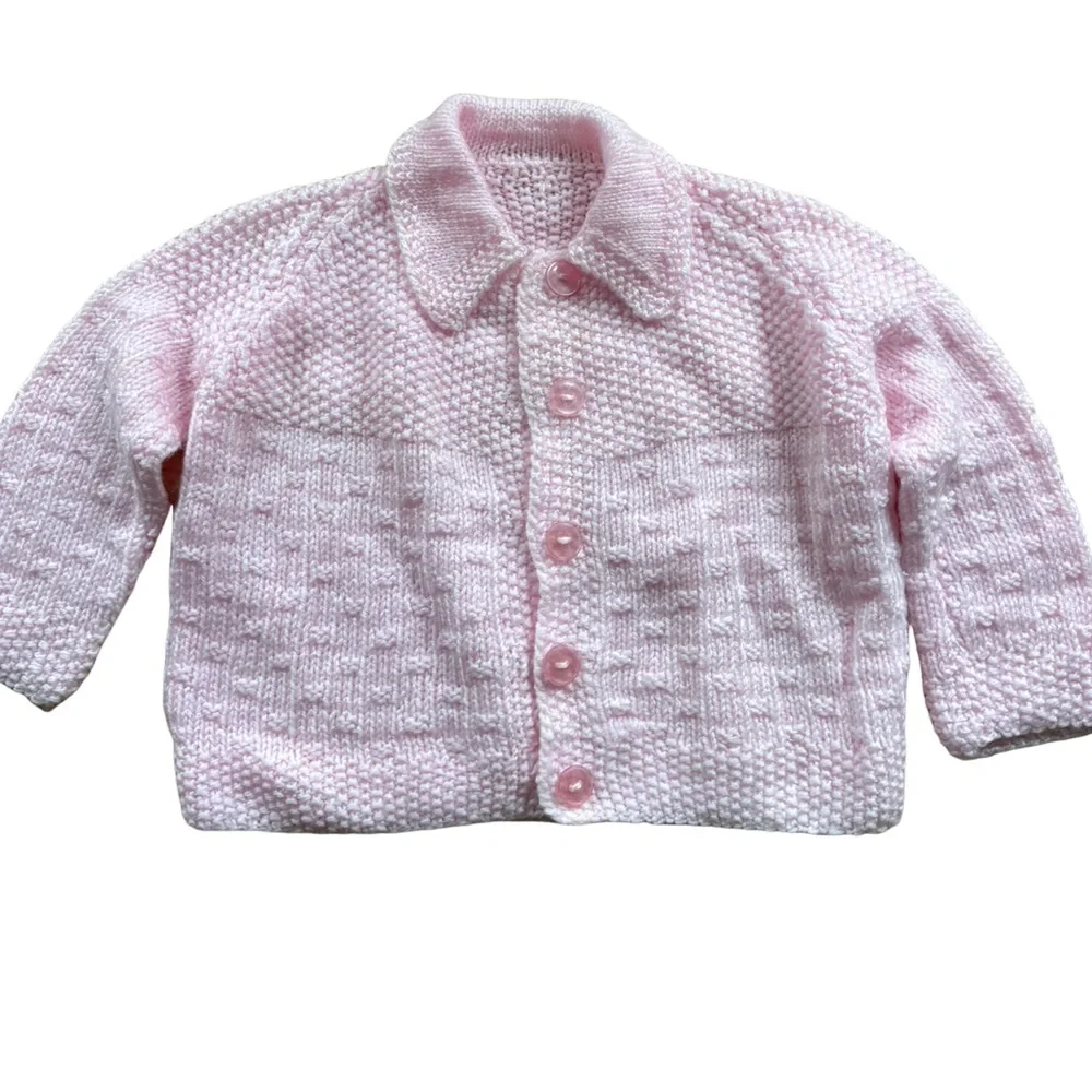 Vintage Grammy Made Pink Knitted Baby Sweater Hidden Snaps Button Placket 9-12M